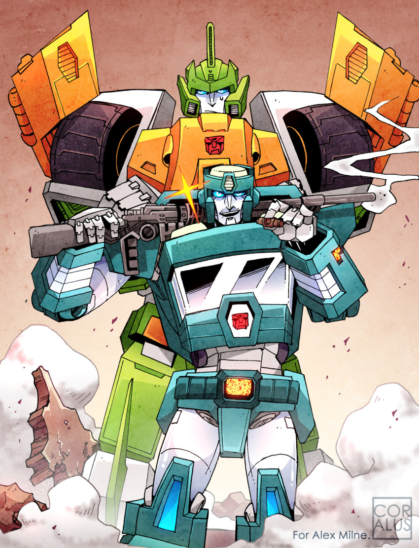 2boys, annoyed, autobot, cigar, coralus, gun, highres, kup