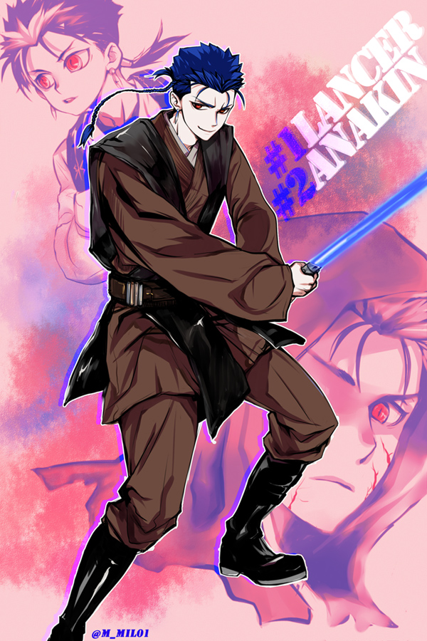 anakin_skywalker, anakin_skywalker_(cosplay), blue_hair, braid, cosplay, energy_sword, fate/stay_night, fate_(series), fusion, jedi, lancer, lightsaber, mil01, ponytail, red_eyes, star_wars, sword, weapon