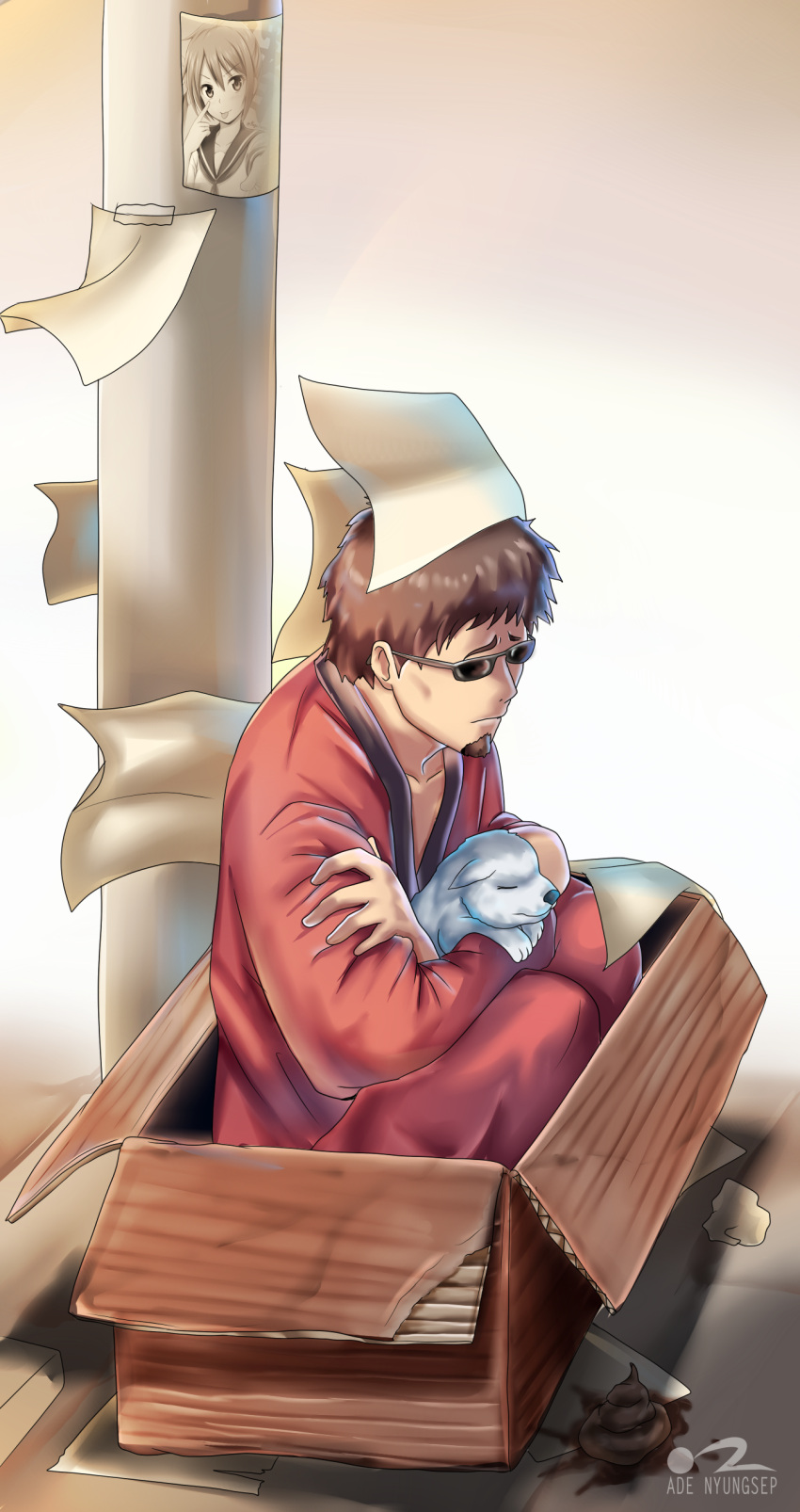 1boy, :p, absurdres, ade-nyungsep, akebono_(kantai_collection), artist_name, box, brown_hair