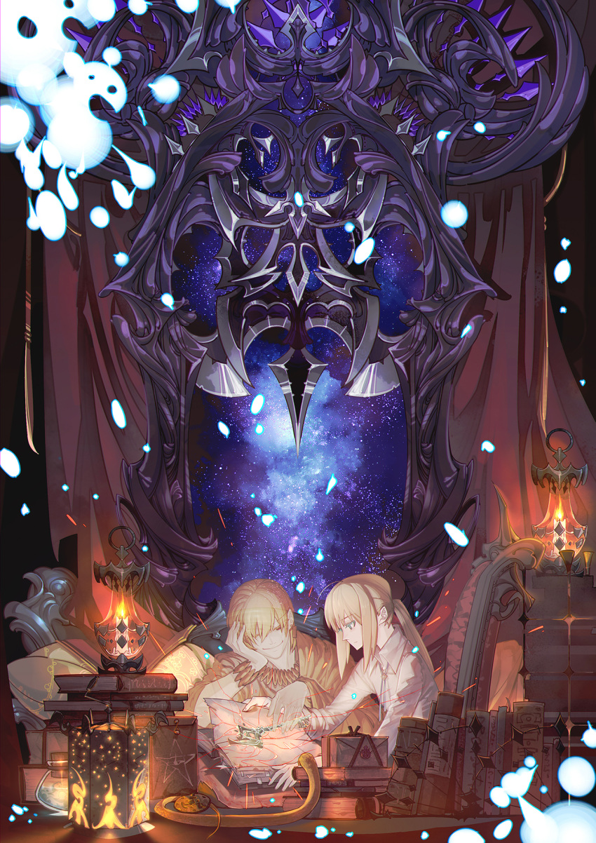 1boy, 1girl, blonde_hair, book, fate/zero, fate_(series), gilgamesh, highres
