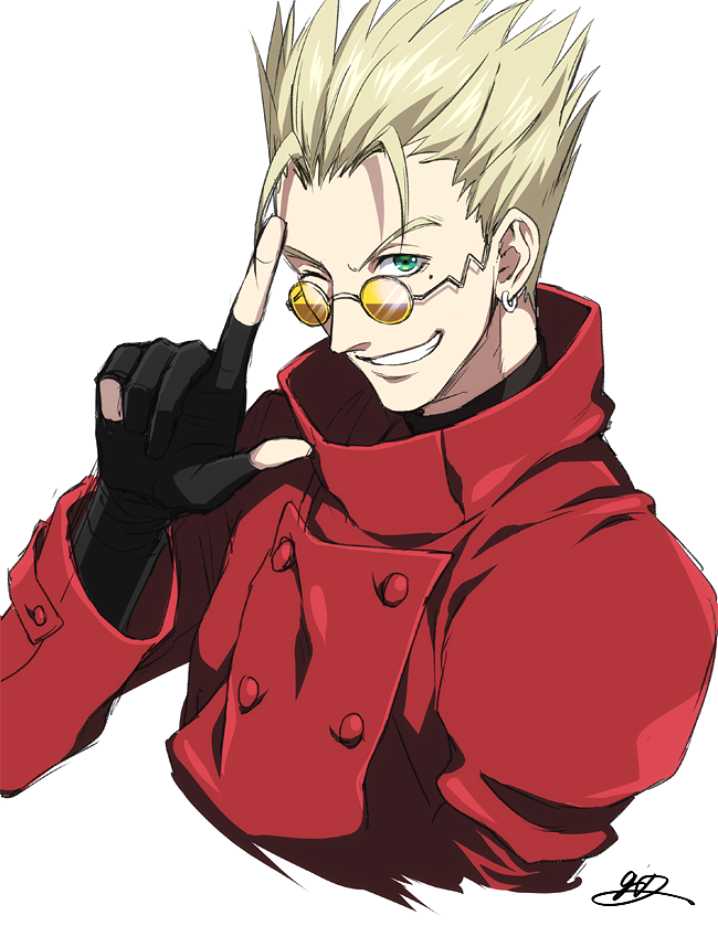 1boy, blonde_hair, fingerless_gloves, gloves, green_eyes, grin, jacket, mole