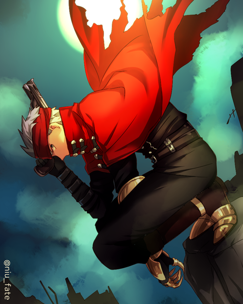 1boy, archer, cape, cosplay, fate/stay_night, fate_(series), final_fantasy, final_fantasy_vii, niu_illuminator, solo, squatting, vincent_valentine, vincent_valentine_(cosplay), white_hair