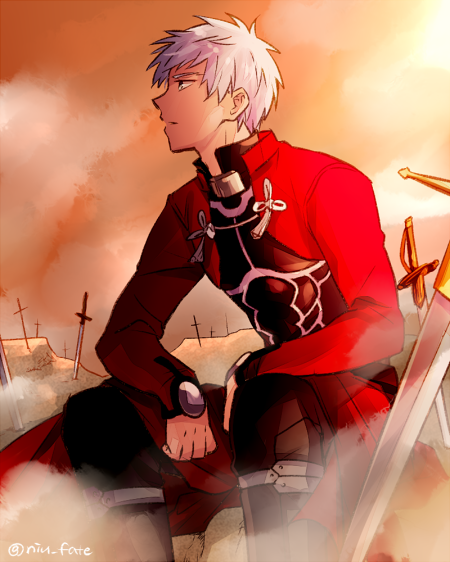 1boy, archer, fate/stay_night, fate_(series), field_of_blades, niu_illuminator, solo, white_hair