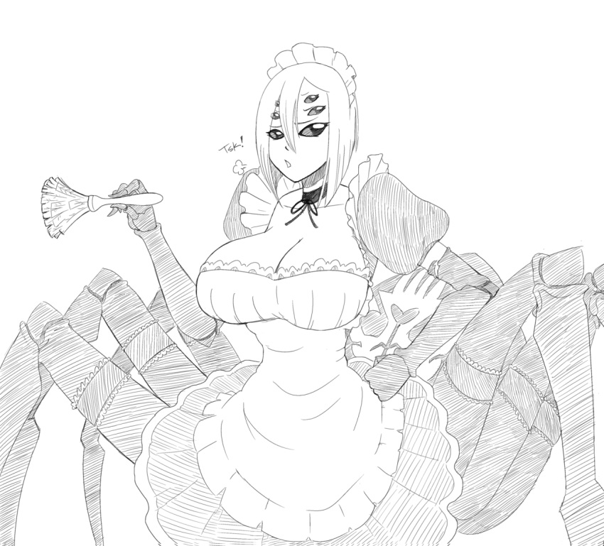 1girl, apron, arachne, breasts, carapace, choker, claws, cleavage, extra_eyes, feather_duster, hand_on_hip, huge_breasts, insect_girl, maid, maid_apron, maid_headdress, monochrome, monster_girl, monster_musume_no_iru_nichijou, multiple_legs, planet_of_junk, rachnera_arachnera, sketch, solo, spider_girl