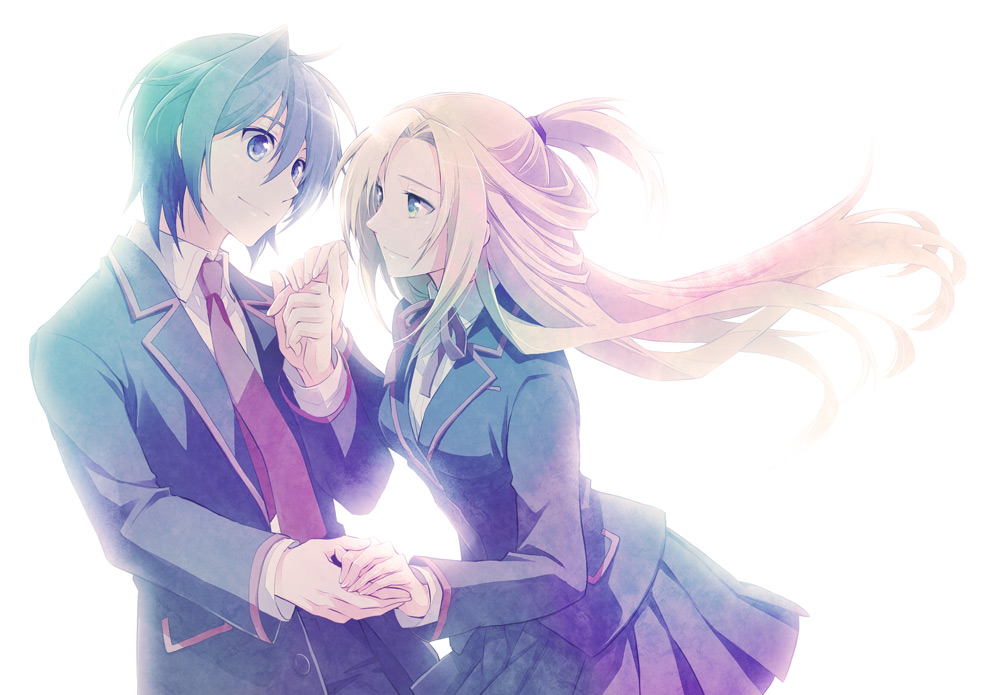 1boy, 1girl, blonde_hair, blue_eyes, blue_hair, cardfight!!_vanguard, green_eyes, long_hair, looking_at_another, nomoc, school_uniform, sendou_aichi, short_hair, tatsunagi_kourin