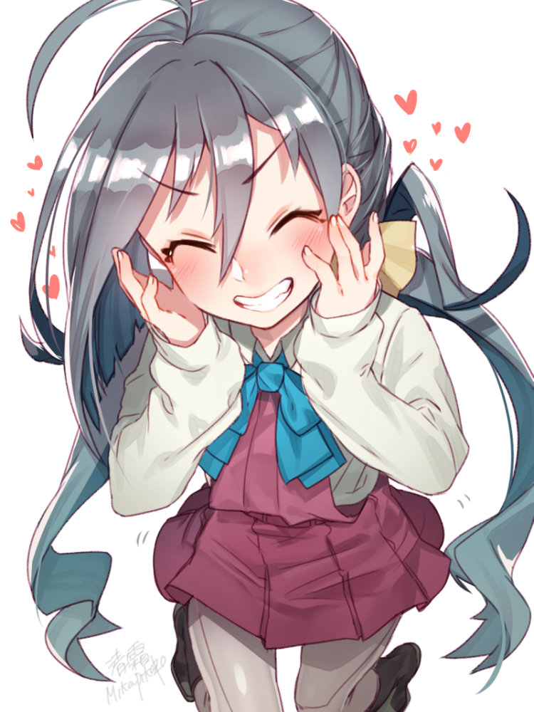 1girl, ahoge, grey_hair, grin, heart, kantai_collection, kiyoshimo_(kantai_collection), long_hair