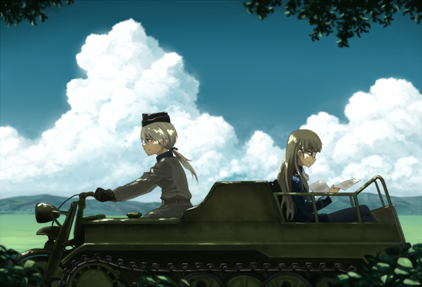 2girls, blonde_hair, blue_sky, clouds, glasses, hanna_rudel, long_hair, military