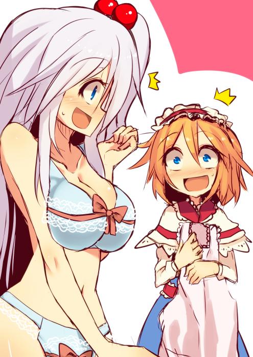 2girls, alice_margatroid, blonde_hair, blue_eyes, blush, bra, capelet, commentary, dress, hair_bobbles, hair_ornament, hairband, jpeg_artifacts, kuresento, long_hair, long_sleeves, looking_at_another, midriff, multiple_girls, navel, open_mouth, panties, profile, ribbon, sash, shinki, short_hair, side_ponytail, silver_hair, smile, sweatdrop, touhou, touhou_(pc-98), underwear
