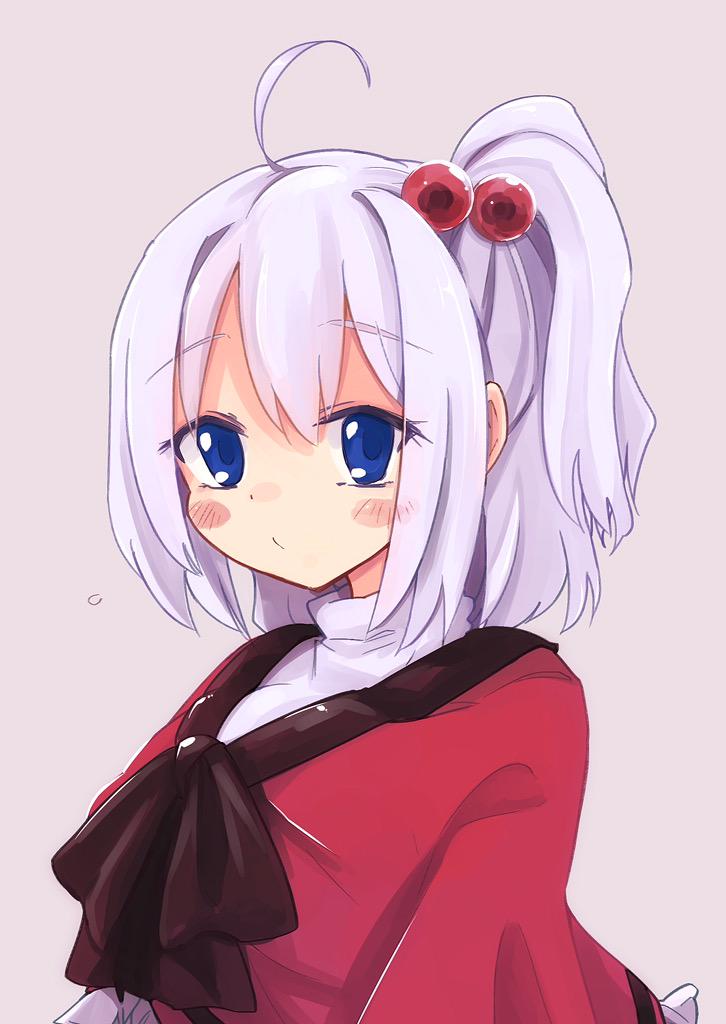 1girl, ahoge, alternate_hair_length, alternate_hairstyle, blue_eyes, blush, bow, capelet