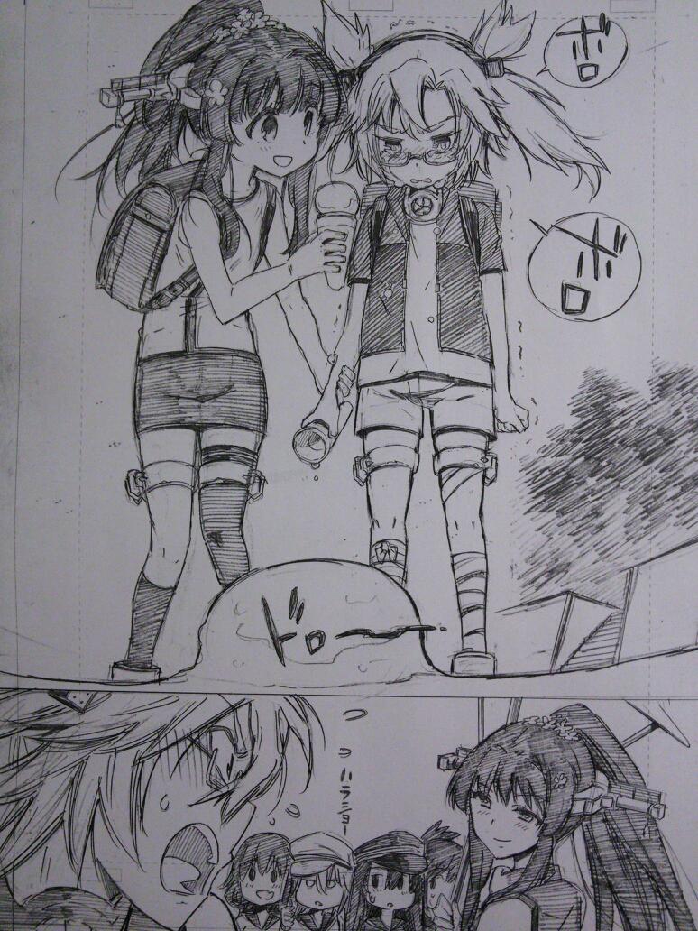 6+girls, :d, akatsuki_(kantai_collection), backpack, bag, bandages, blush, embarrassed