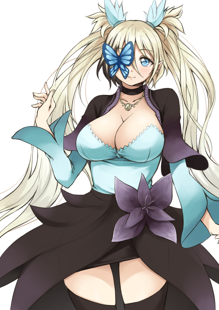 1girl, black_legwear, blonde_hair, blue_eyes, blush, breasts, butterfly_eyepatch, choker