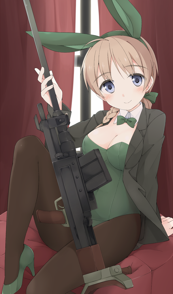 1girl, ahoge, animal_ears, anti-materiel_rifle, arm_support, black_legwear, blue_eyes, blush