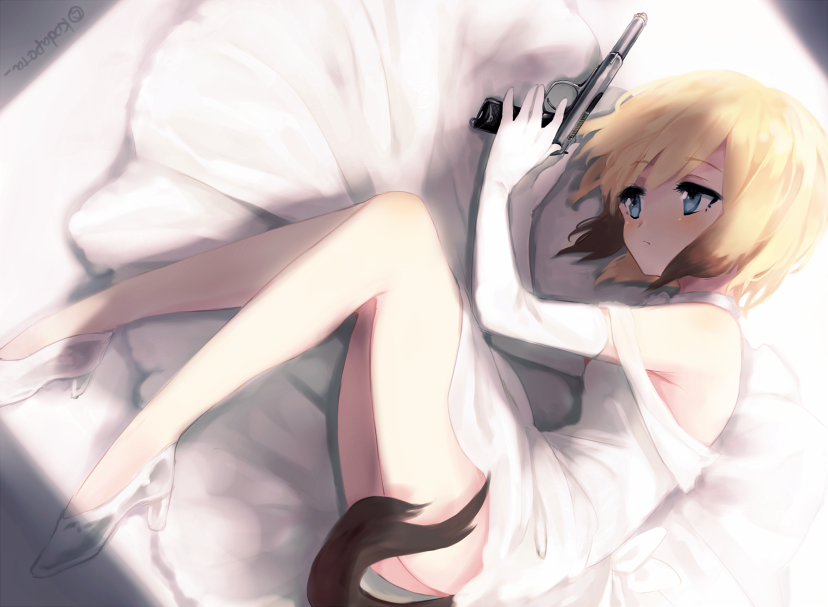 1girl, blonde_hair, blue_eyes, brown_hair, dog_tail, elbow_gloves, erica_hartmann, gloves