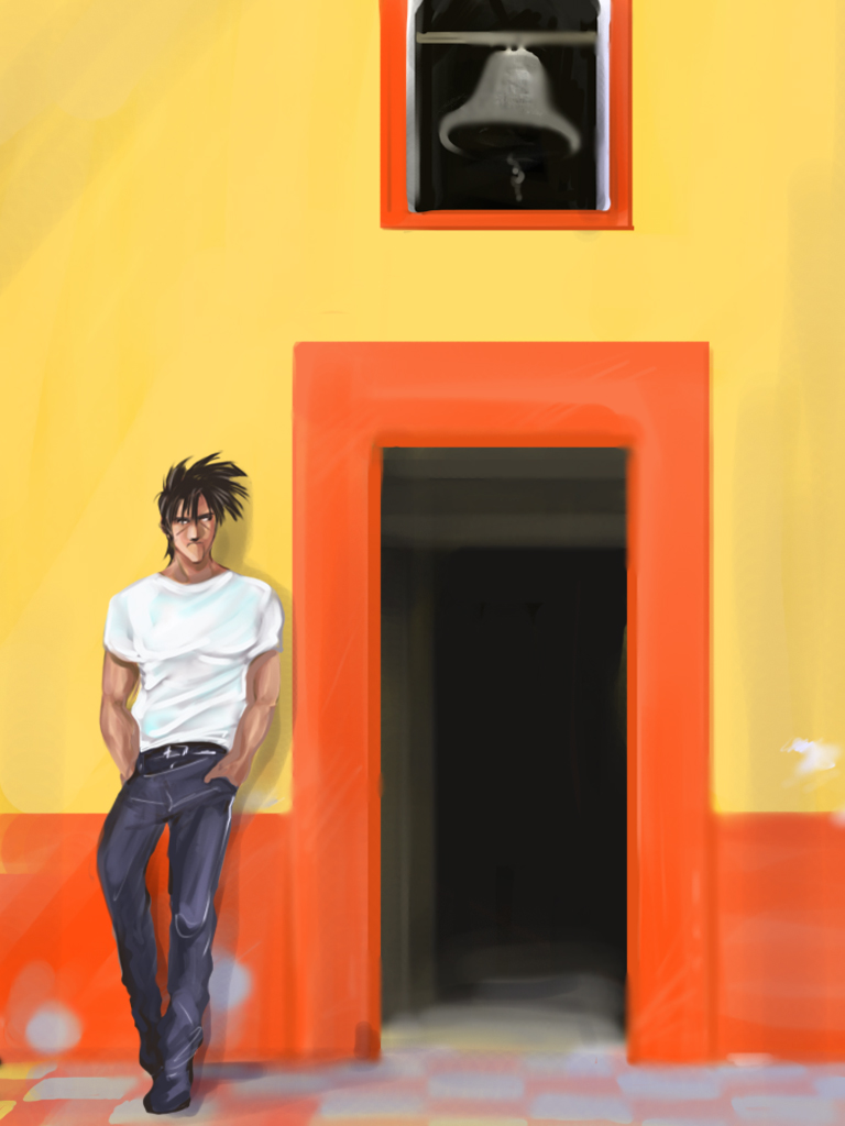 1boy, against_wall, bean_bandit, belt, casual, church_bell, denim, doorway