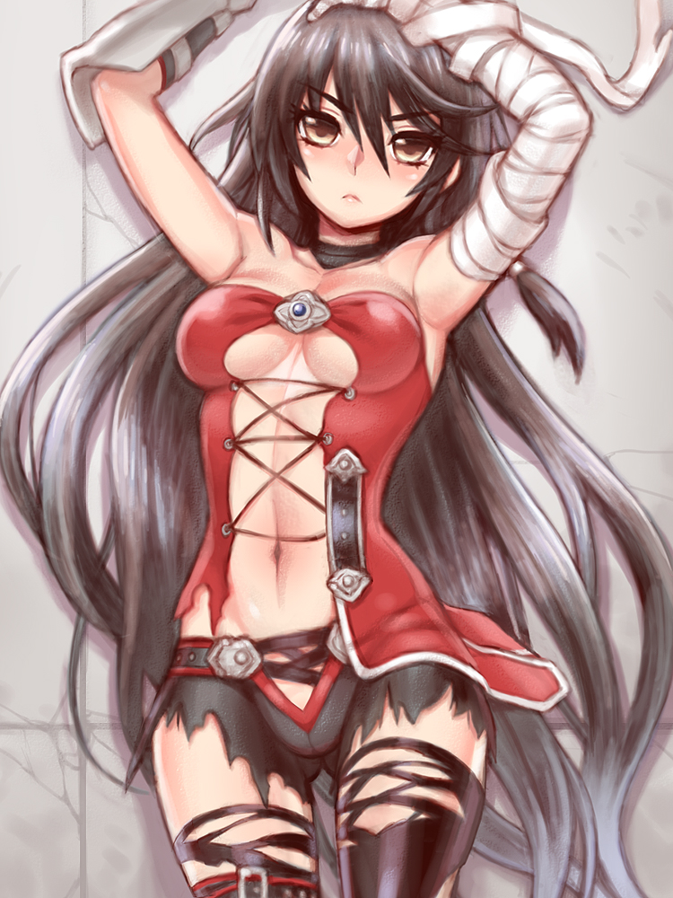 1girl, armpits, arms_up, bandages, black_hair, black_legwear, breasts, brown_eyes, choker, expressionless, folks_(nabokof), long_hair, short_shorts, shorts, solo, tales_of_(series), tales_of_berseria, thigh-highs, torn_clothes, torn_thighhighs, under_boob, velvet_(tales)