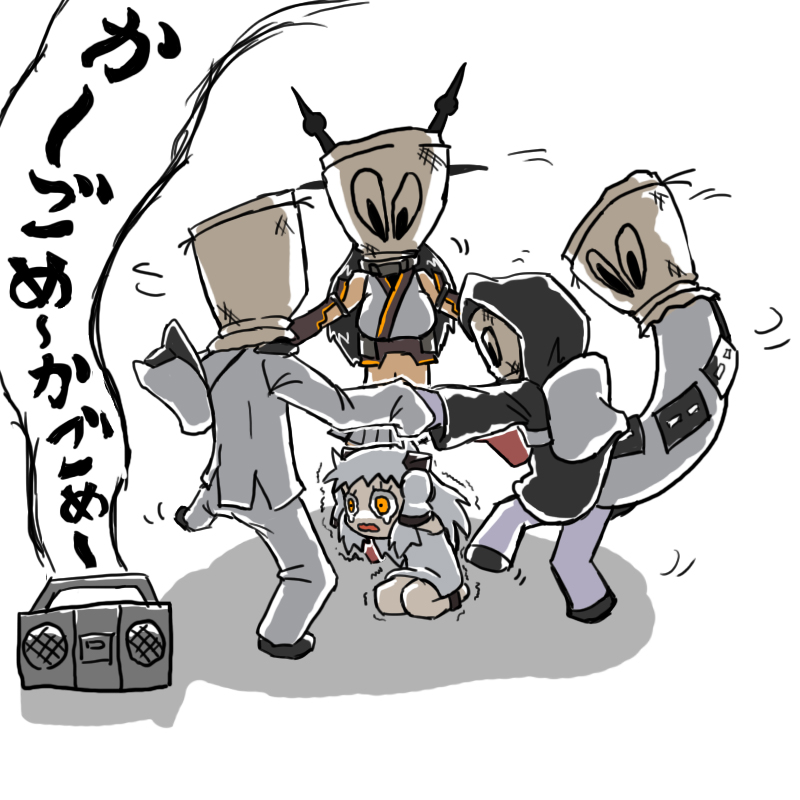 1boy, 3girls, admiral_(kantai_collection), asobou_ojisan, black_hair, commentary_request, crying, dancing