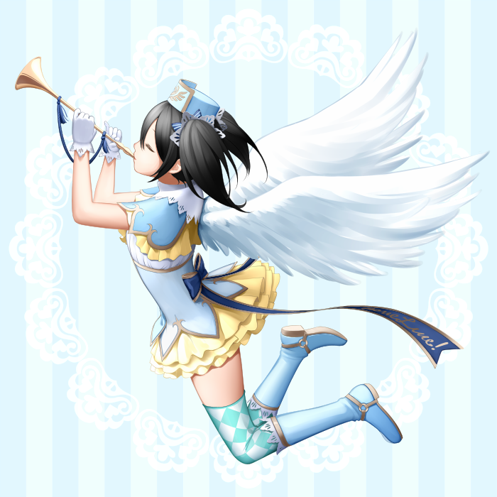 1girl, angel, angel_wings, black_hair, bon_nob, bow, hair_bow, horn