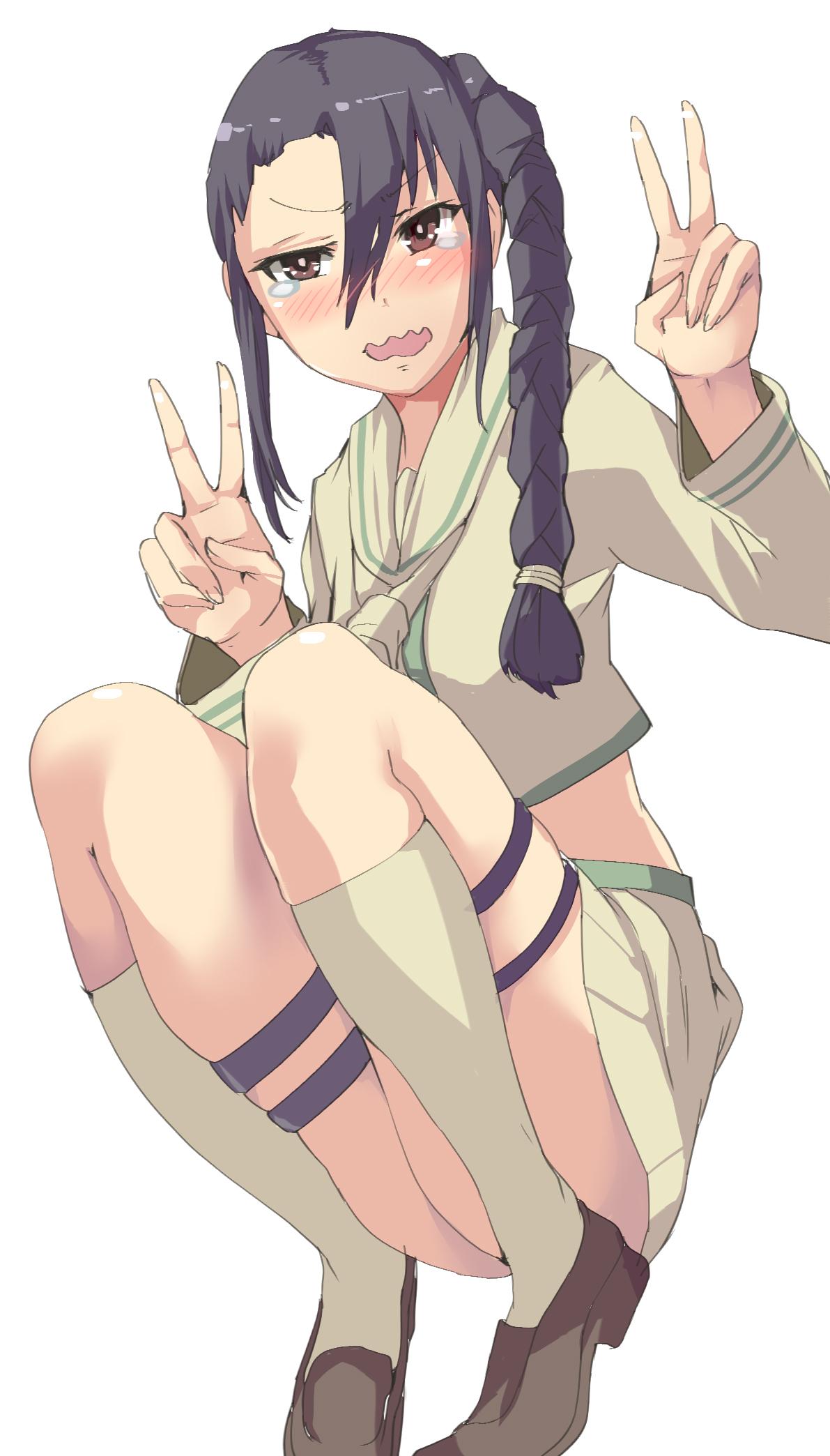 1girl, alternate_costume, armadillo-tokage, bent_knees, black_hair, braid, cosplay, double_v, embarrassed, green_clothes, hair_between_eyes, highres, kantai_collection, kitakami_(kantai_collection)_(cosplay), long_hair, looking_at_viewer, midriff, miniskirt, nachi_(kantai_collection), open_mouth, school_uniform, side_braid, single_braid, skirt, skirt_set, thighs, v, wavy_mouth