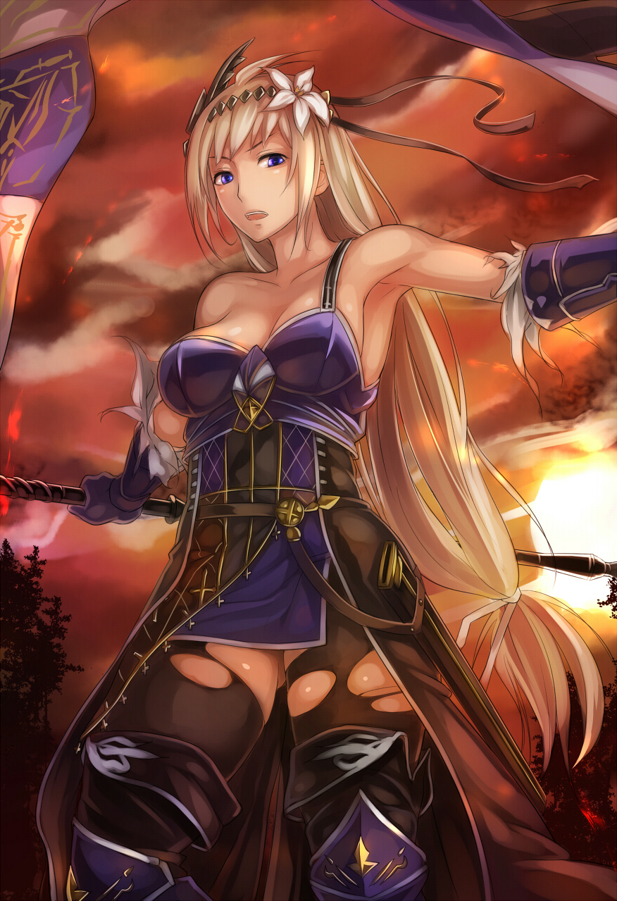 1girl, armpits, bare_shoulders, blonde_hair, blue_eyes, breasts, brown_legwear, flag