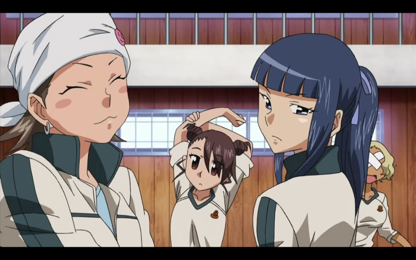 bandage, blonde_hair, blue_eyes, blue_hair, brown_eyes, brown_hair, cap, hyakko