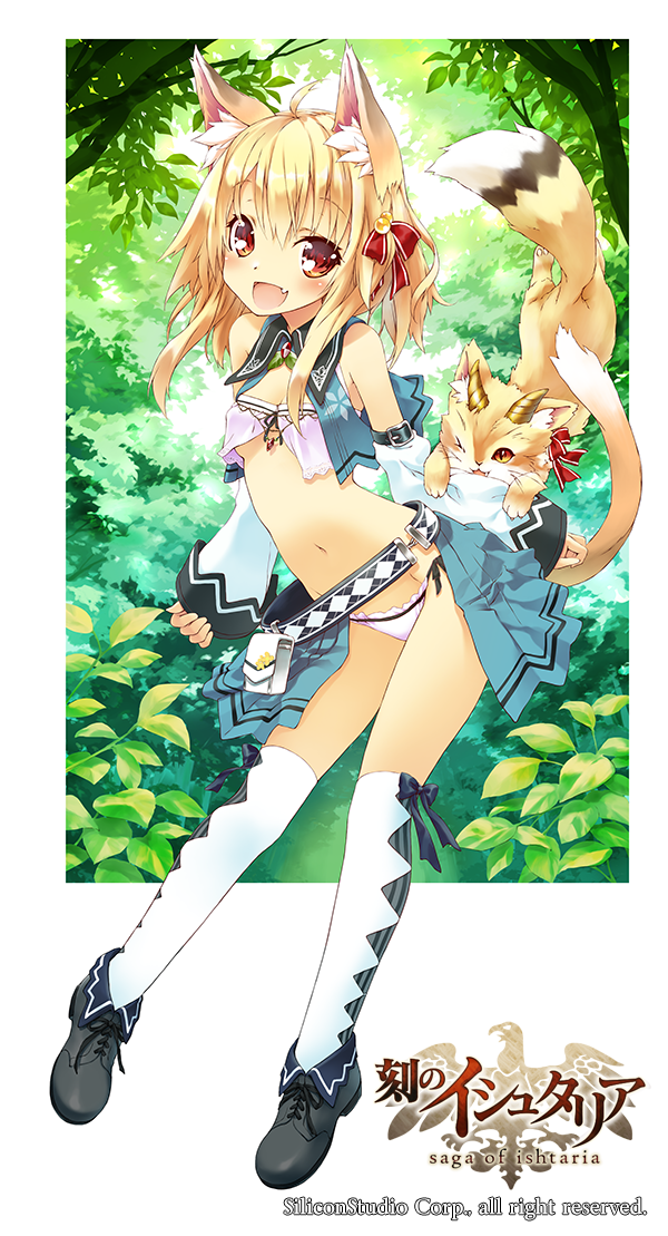 age_of_ishtaria, animal_ears, belt, blonde_hair, brown_eyes, cat, cat_ears, copyright_name