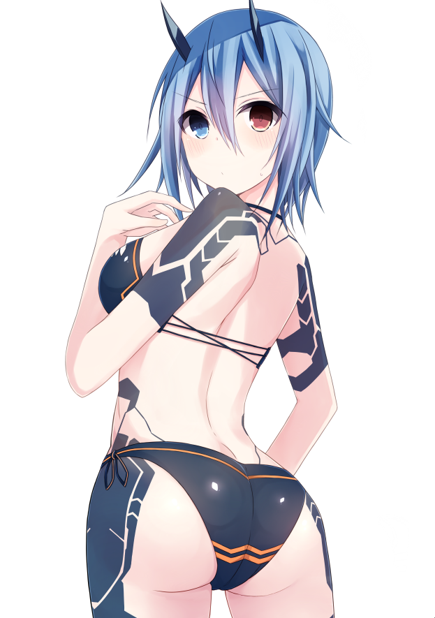 1girl, ass, bikini, blue_eyes, blue_hair, blush, from_behind, heterochromia