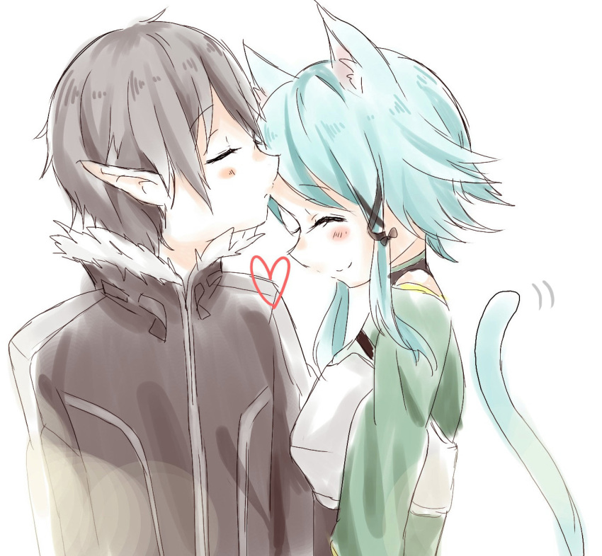 1boy, 1girl, animal_ears, black_hair, blue_eyes, cat_ears, chima_(fusigiko), closed_eyes