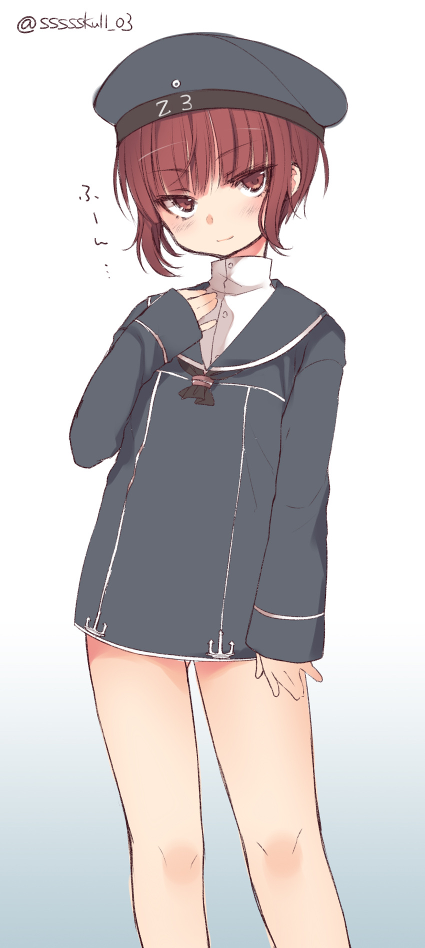 1girl, absurdres, beret, brown_eyes, brown_hair, cowboy_shot, dancho_(dancyo), hat