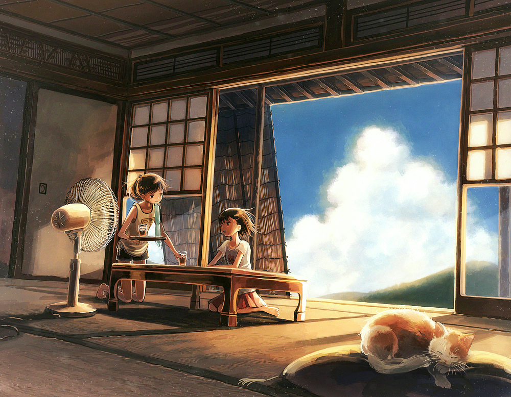 2girls, architecture, barefoot, blue_sky, cat, closed_eyes, clouds, drinking_glass