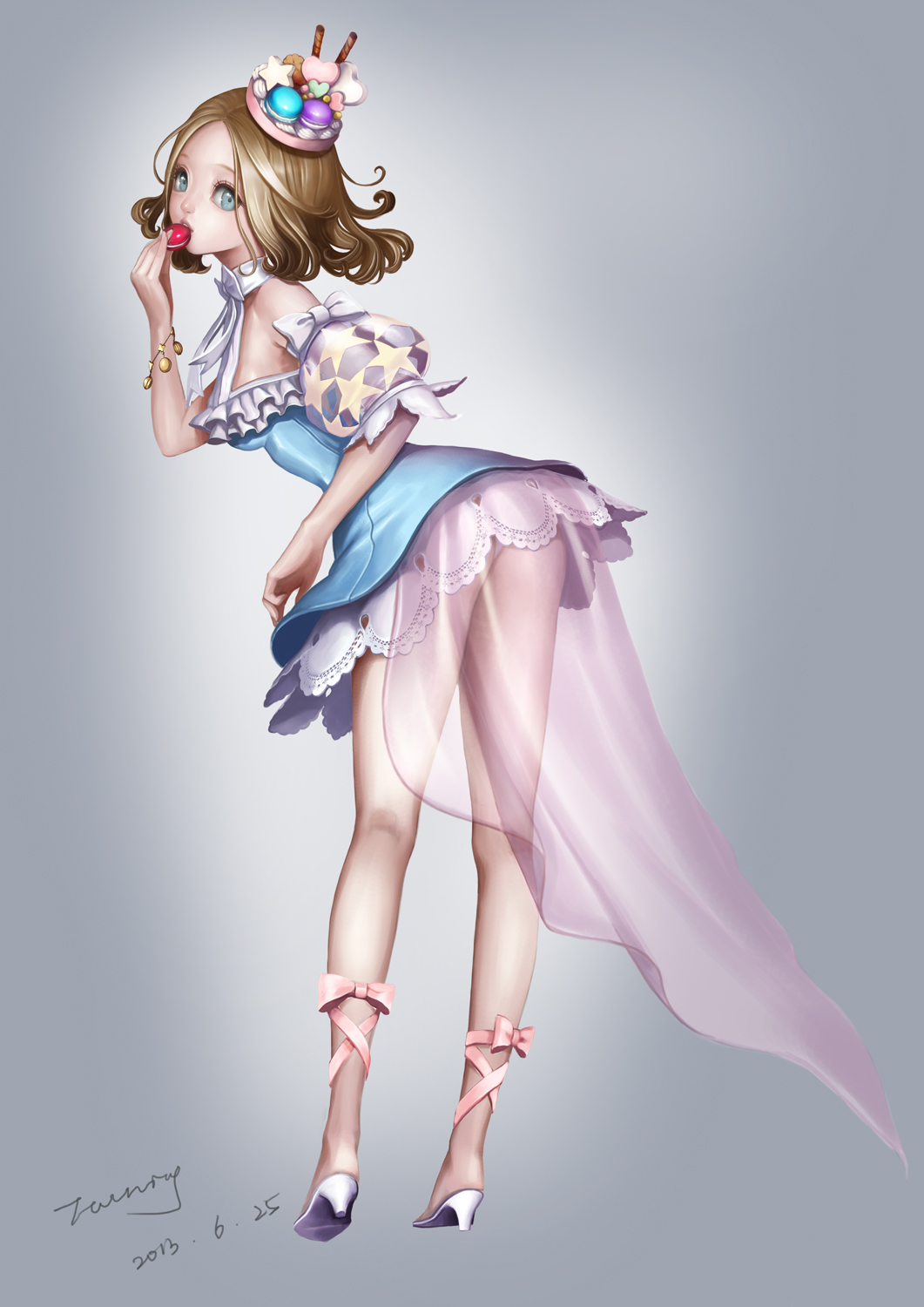 1girl, armlet, bobo1983, bowtie, brown_hair, crown, dated, detached_sleeves