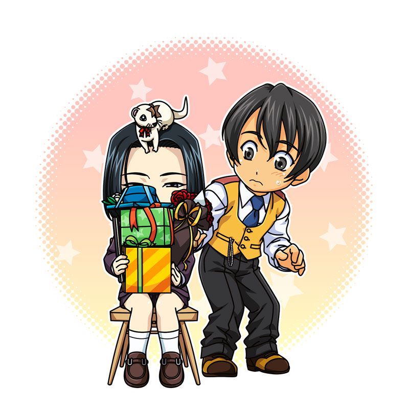 1boy, 1girl, black_eyes, black_hair, box, chair, closed_fan, fan