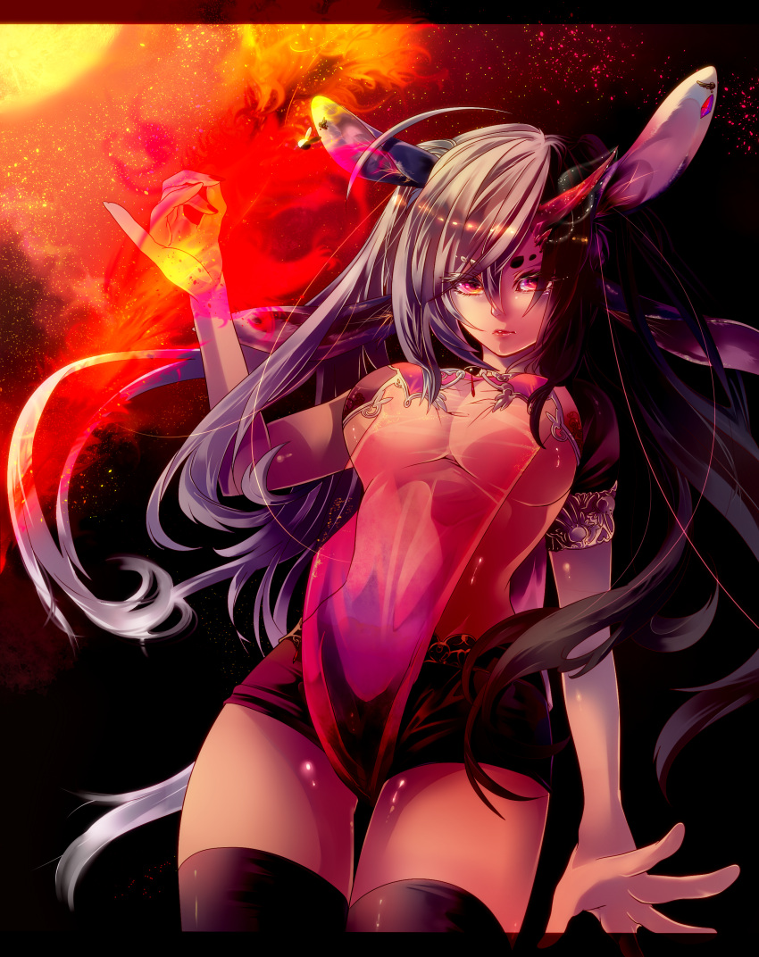 1girl, absurdres, animal_ears, black_legwear, breasts, cleavage, cowboy_shot, fire