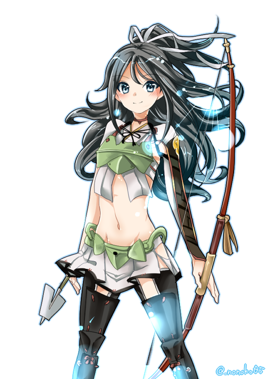 1girl, armor, arrow, asymmetric_gloves, black_hair, black_legwear, blue_eyes, bow