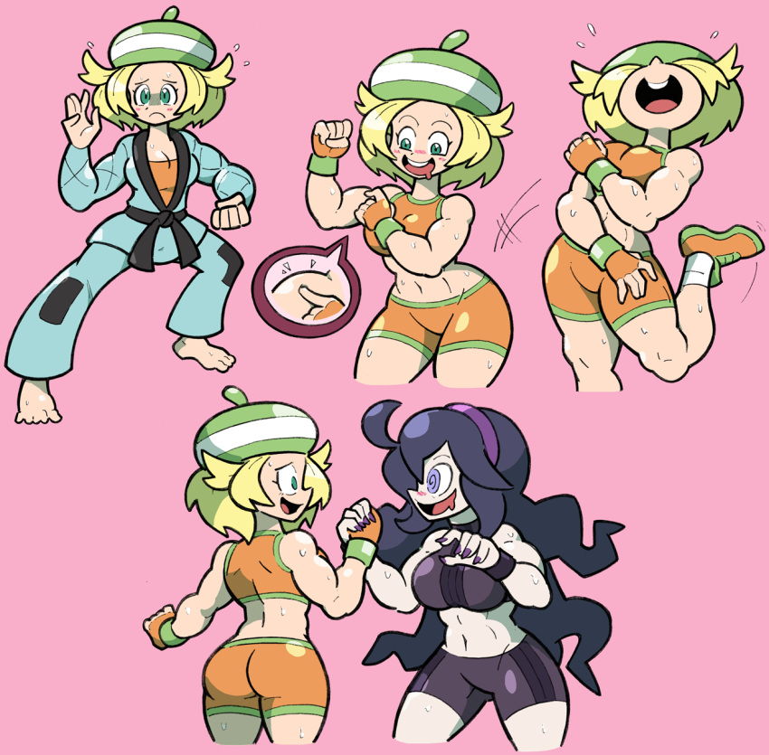 2girls, @_@, ahoge, bel_(pokemon), blonde_hair, flexing, green_eyes, hairband