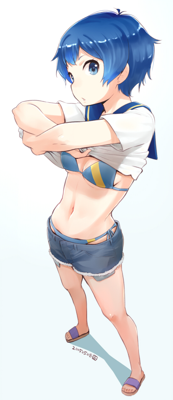 1girl, bare_legs, bikini_under_clothes, blue_eyes, blue_hair, breasts, dated, denim