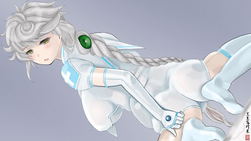 1girl, alternate_costume, ass, asymmetrical_hair, bent_knees, braid, breasts, dutch_angle