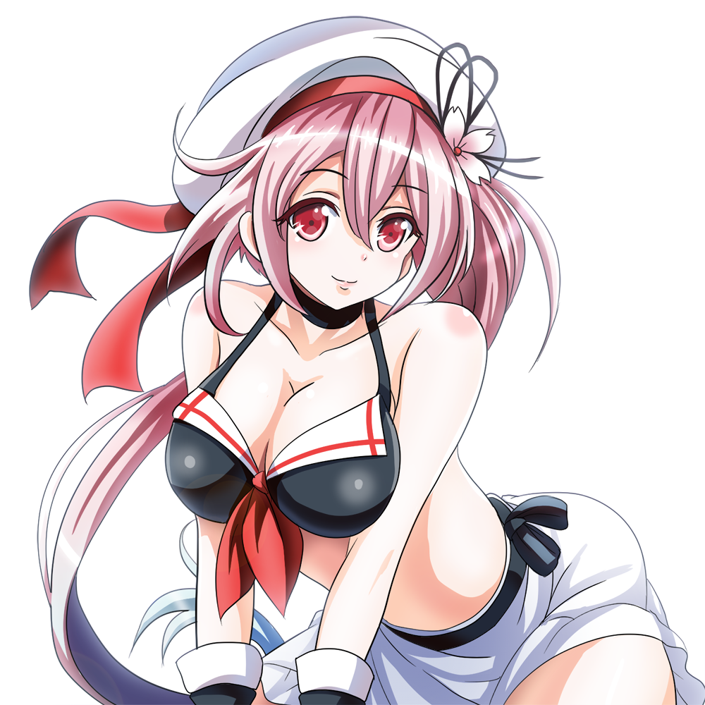 1girl, adapted_costume, bent_over, beret, bikini, black_bikini, breasts, cleavage