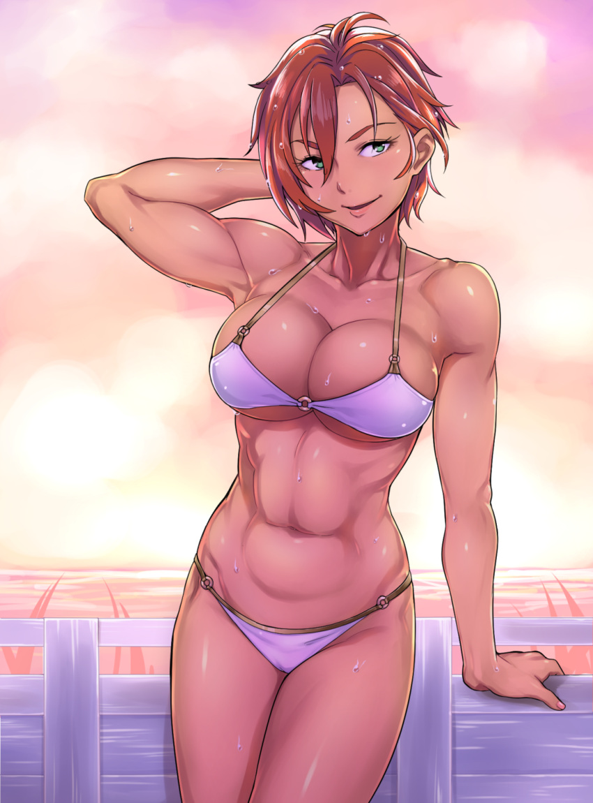 1girl, arm_up, bikini, breasts, brown_hair, cleavage, green_eyes, highres