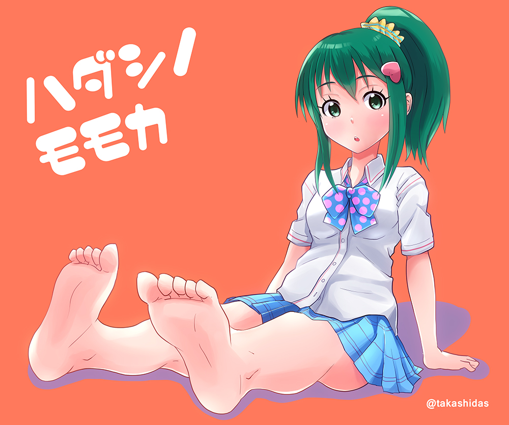 1girl, arm_support, bangs, barefoot, blush, green_eyes, green_hair, hair_ornament