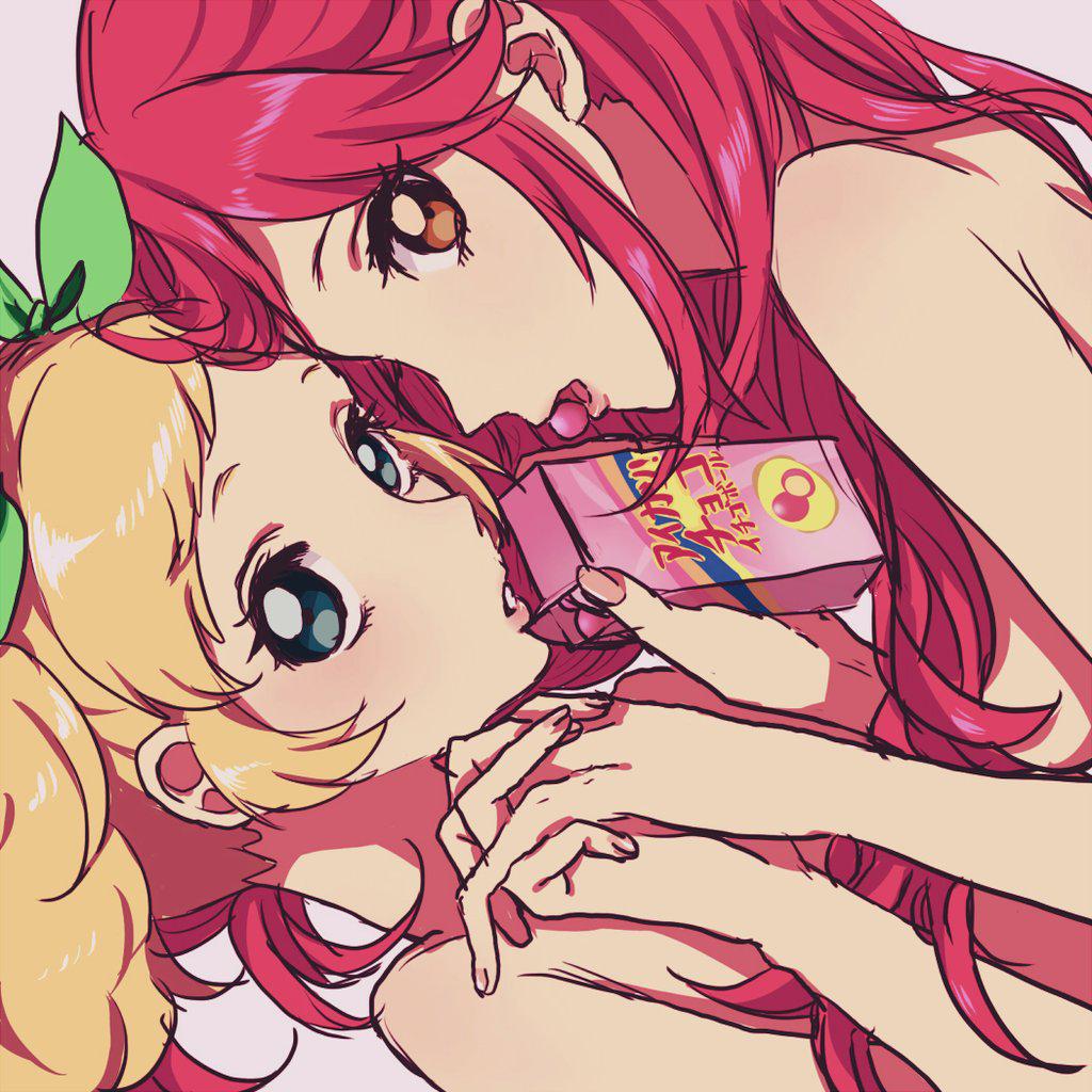 2girls, aikatsu!, blonde_hair, brown_eyes, hair_ribbon, iketsuko, interlocked_fingers, juice_box
