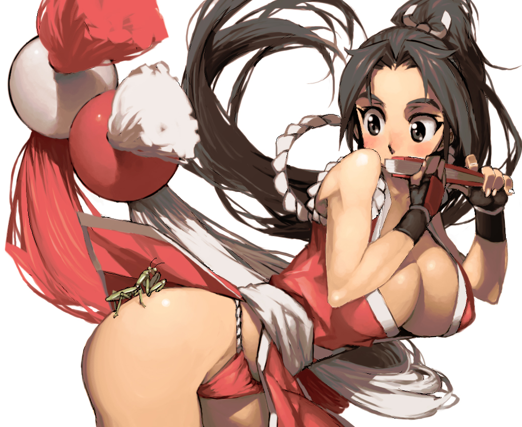 1girl, ass, blush, breasts, brown_eyes, brown_hair, cleavage, covering_mouth, fan, fatal_fury, folding_fan, gloves, huge_breasts, insect, japanese_clothes, king_of_fighters, large_breasts, long_hair, pelvic_curtain, ponytail, revealing_clothes, scared, shiranui_mai, sideboob, snk, solo, ysk!