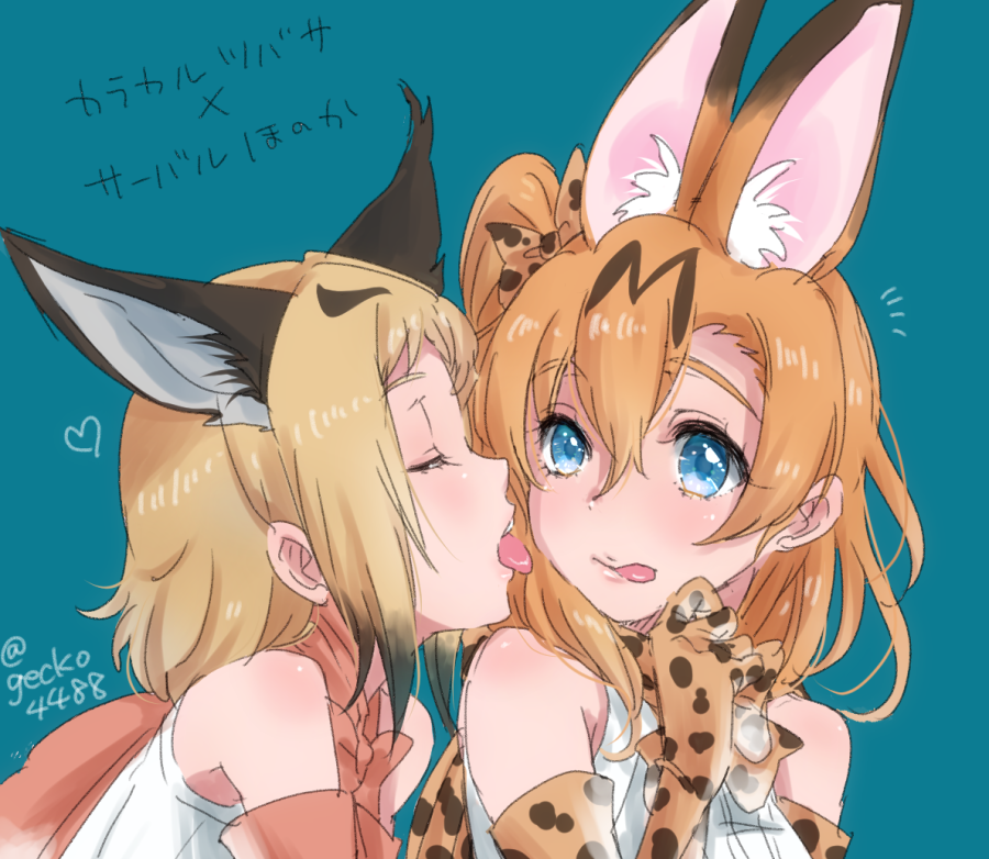 2girls, :p, animal_print, bare_shoulders, blue_eyes, blush, bow, brown_hair, caracal_(kemono_friends), caracal_(kemono_friends)_(cosplay), caracal_ears, closed_eyes, crossover, elbow_gloves, gecko4488, gloves, hair_bow, kemono_friends, kemonomimi_mode, kira_tsubasa, kousaka_honoka, love_live!_school_idol_project, multiple_girls, open_mouth, orange_hair, serval_(kemono_friends), serval_(kemono_friends)_(cosplay), serval_ears, short_hair, side_ponytail, tongue, tongue_out, translation_request, twitter_username, upper_teeth