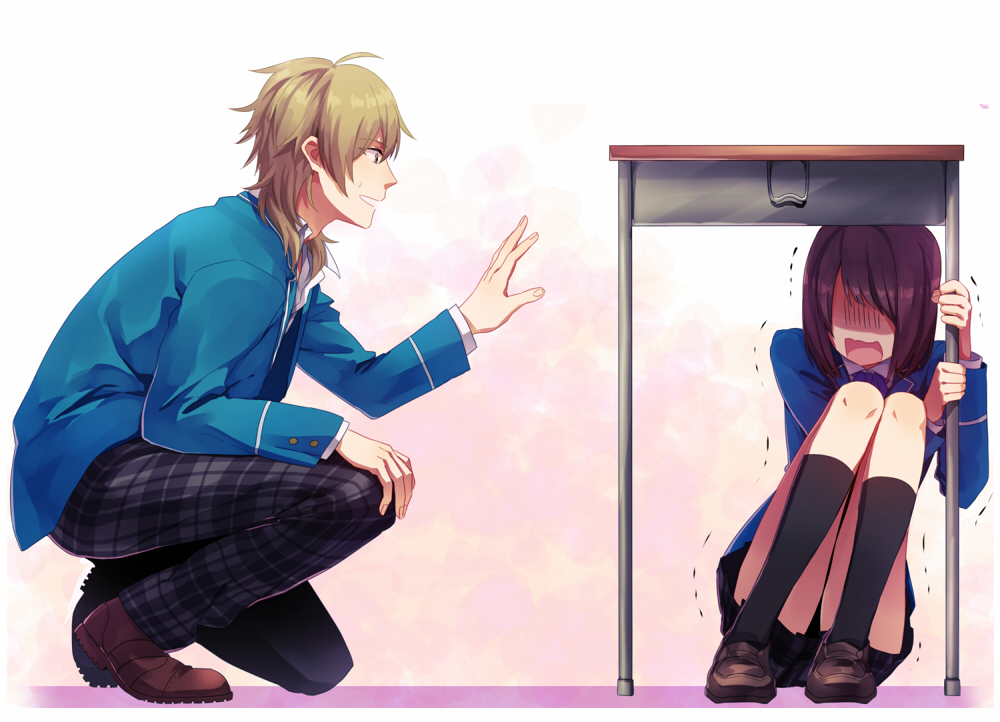 1boy, 1girl, black_hair, blonde_hair, ensemble_stars!, hakaze_kaoru, long_hair, school_uniform