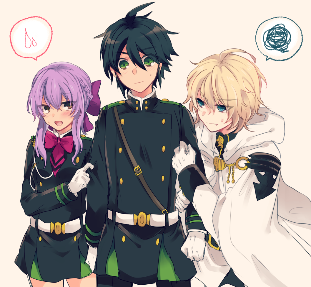 1girl, 2boys, arm_hug, black_hair, blonde_hair, blue_eyes, blush, bow
