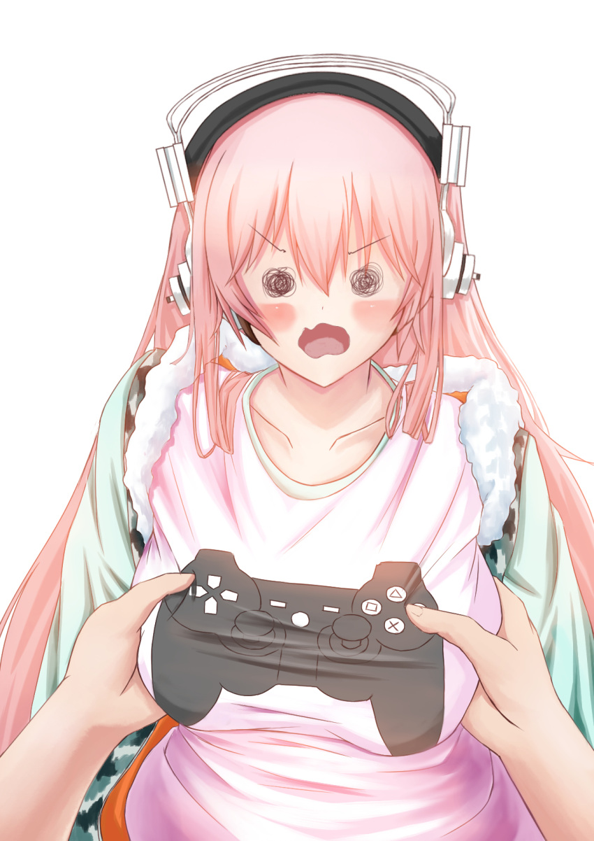 1girl, blush, breast_grab, breasts, frown, headphones, highres, hoshi_yoshimi, large_breasts, long_hair, looking_at_viewer, nitroplus, o_o, open_mouth, pink_hair, solo, super_sonico, wavy_mouth