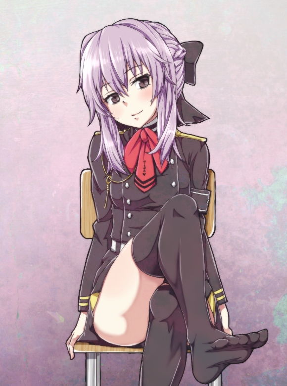 1girl, bow, braid, chair, crossed_legs, feet, hair_bow, hiiragi_shinoa, military, military_uniform, mugai_(tamac), owari_no_seraph, purple_hair, sitting, smile, solo, thigh-highs, uniform, violet_eyes, zettai_ryouiki
