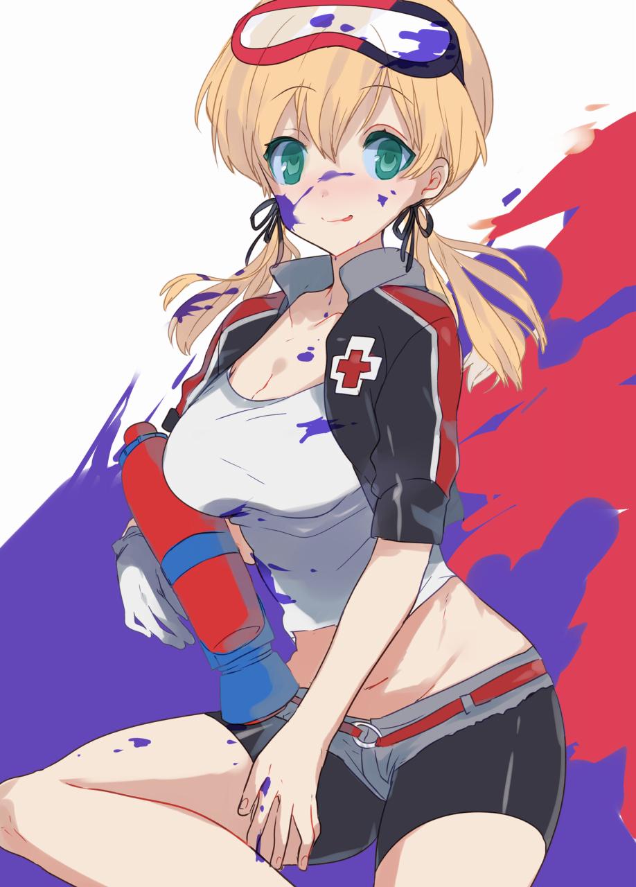 1girl, adapted_costume, agu, aqua_eyes, blonde_hair, goggles, goggles_on_head, highres