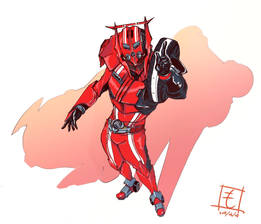 1boy, armor, belt, car, helmet, highres, index_finger_raised, kamen_rider, kamen_rider_drive, kamen_rider_drive_(series), male, matutoya, motor_vehicle, shadow, solo, tire, type_tridoron, vehicle, wheels