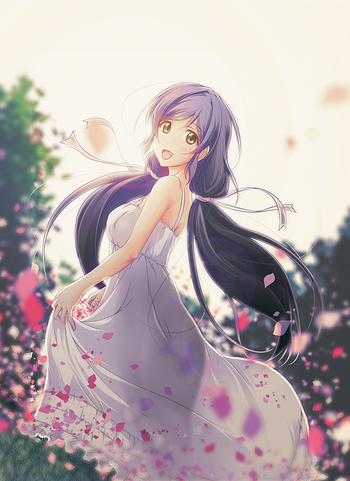 1girl, blurry, breasts, depth_of_field, dress, green_eyes, long_hair, looking_at_viewer