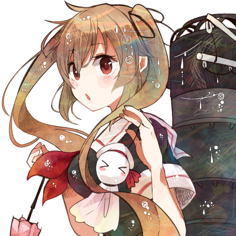 >_<, 1girl, blush_stickers, brown_hair, hair_ribbon, itomugi-kun, kantai_collection, long_hair